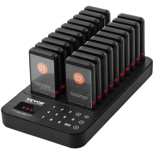 A black wireless restaurant pager system with 20 pagers charging in a base.