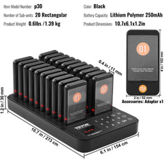 Black charging dock with 20 wireless restaurant pagers, displaying model details and dimensions.