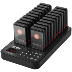 Black Bostome wireless restaurant pager system with 20 numbered buzzers in a charging dock.