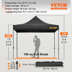 Black 10x10 pop-up canopy tent with waterproof sidewalls and adjustable height settings.