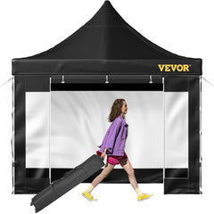 Black 10x10 pop-up canopy tent with waterproof sidewalls and adjustable height features.