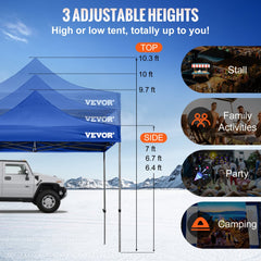 Blue Bostome 10x10 pop-up canopy tent with removable sidewalls and UV-resistant fabric.