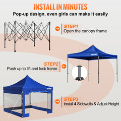 Blue Bostome 10x10 pop-up canopy tent with removable sidewalls and adjustable height.