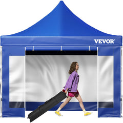 Blue 10x10 pop-up canopy tent with removable sidewalls and UV-resistant fabric.