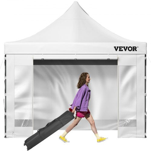 White pop-up canopy tent with sidewalls, adjustable height, and wheeled carry bag.