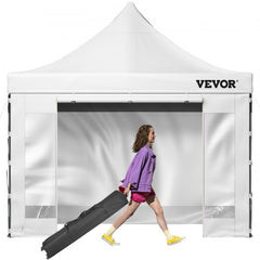 White pop-up canopy tent with sidewalls, adjustable height, and wheeled carry bag.
