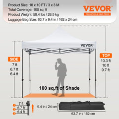White 10x10 pop-up canopy tent with waterproof sidewalls and adjustable height.