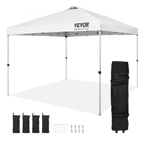 White 10x10ft pop-up canopy tent with waterproof fabric and adjustable steel frame.