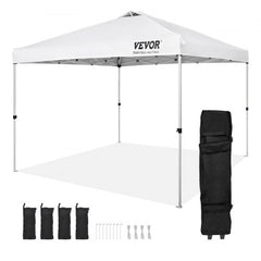 White 10x10ft pop-up canopy tent with waterproof fabric and adjustable steel frame.