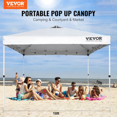 White 10x10ft pop-up canopy tent with waterproof fabric and adjustable steel frame.