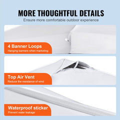 White 10x10ft pop-up canopy tent with waterproof fabric and adjustable steel frame.