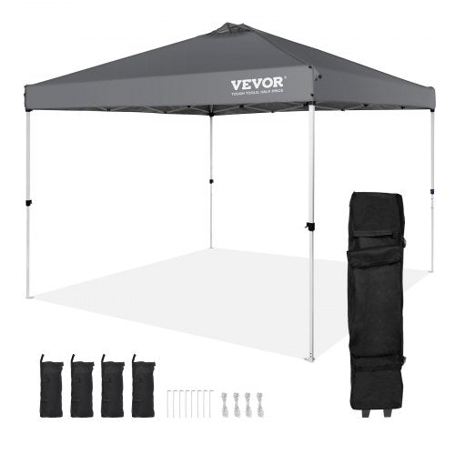 A 10x10 ft dark gray waterproof pop-up canopy tent with frame, stakes, and carrying bag.