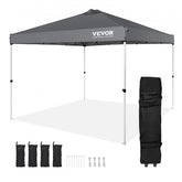 A 10x10 ft dark gray waterproof pop-up canopy tent with frame, stakes, and carrying bag.