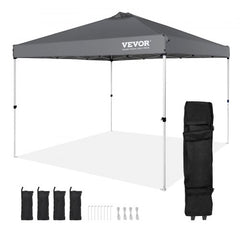 A 10x10 ft dark gray waterproof pop-up canopy tent with frame, stakes, and carrying bag.