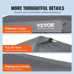 Dark gray 10x10 ft pop-up canopy tent with banner loops, top air vent, and waterproof sticker.