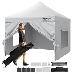 Bostome 10x10 pop-up canopy tent with removable sidewalls and wheeled storage bag.