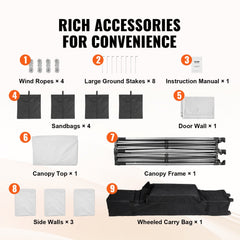 10x10 pop-up canopy tent with removable sidewalls and wheeled storage bag for easy transport.