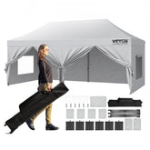 A white 10x20 ft pop-up canopy with removable sidewalls and carrying bag, shown set up outdoors.