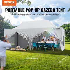 A 10x20 ft white pop-up canopy tent with removable sidewalls set up on grass for outdoor gatherings.