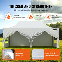 White 10x20 ft pop-up canopy with removable sidewalls, UV and waterproof fabric.