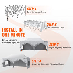 Diagram of 10x20 ft pop-up canopy setup: open frame, install cover, adjust height, secure with ropes.