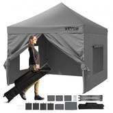 A woman sets up a gray 10x10 ft pop-up canopy with removable sidewalls and carrying bag.