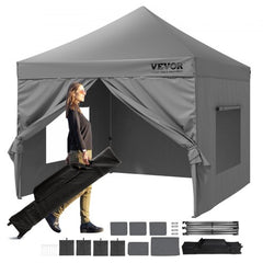A woman sets up a gray 10x10 ft pop-up canopy with removable sidewalls and carrying bag.