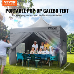 A 10x10 ft gray pop-up gazebo tent with removable sidewalls set up on grass for a group gathering.