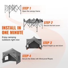 Infographic showing 4 steps to set up a 10x10 ft pop-up canopy with removable sidewalls.