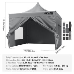 10x10 ft pop-up canopy in gray with removable sidewalls, wheeled carry bag, and dimensions.