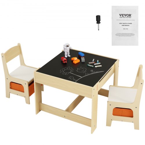 Wooden kids table and two chairs set with blackboard top and storage bins.
