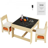 Wooden kids table and two chairs set with blackboard top and storage bins.