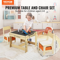 Wooden kids table and chair set with storage, reversible top, for ages 2-8.