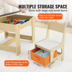 Wooden kids table and chair set with under-table and under-chair storage bins.