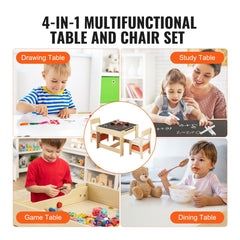 Wooden kids table and chair set with storage, reversible top, for ages 2-8.