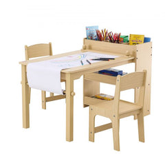 Wooden kids art table with storage cabinet and two matching chairs.
