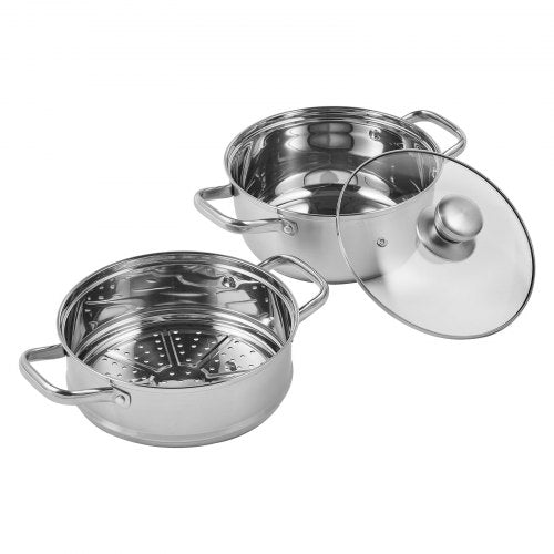 Stainless steel 22cm steamer pot set with tempered glass lid and induction-compatible base.