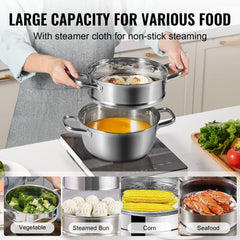 22cm stainless steel steamer pot set with tempered glass lid and non-stick cloth.
