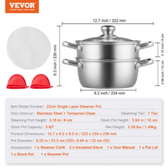 Stainless steel steamer pot set with stock pot, steamer tier, and tempered glass lid.