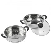 11-inch 304 stainless steel steamer pot with 3QT stock pot, steamer insert, and glass lid.