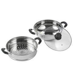 11-inch 304 stainless steel steamer pot with 3QT stock pot, steamer insert, and glass lid.