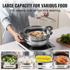 11-inch 304 stainless steel steamer pot with 3QT stock pot, shown steaming vegetables, buns, corn, and seafood.