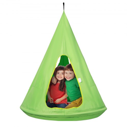 Green kids nest swing chair with two children sitting inside, adjustable ropes, and peek-a-boo windows.