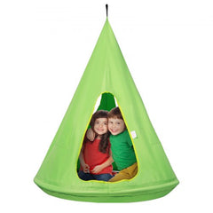 Green kids nest swing chair with two children sitting inside, adjustable ropes, and peek-a-boo windows.