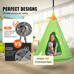 Green kids nest swing chair with adjustable rope, 360-degree rotation, and sturdy 4-hole mounting plate.