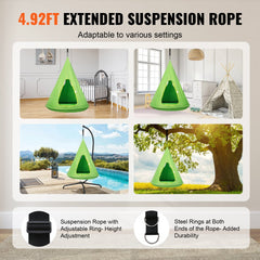 Green kids nest swing chair with adjustable suspension rope, shown in indoor and outdoor settings.