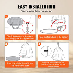 Infographic showing easy one-person installation steps for a green kids nest swing chair with adjustable rope.