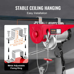 Wireless electric hoist with a 2200 lbs capacity and remote control for easy lifting.