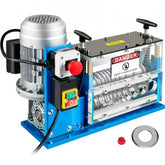 Blue electric wire stripping machine with motor, controls, and safety guards for 0.06-1.25in wires.