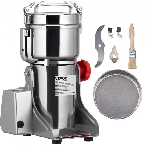 Stainless steel electric grain mill grinder with swing design and 700g capacity for efficient grinding.